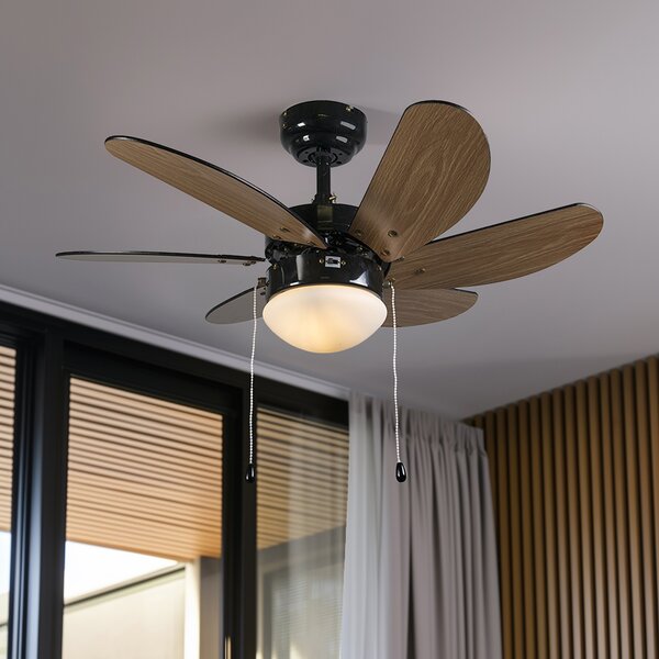 Ventilator de tavan negru cu imprimeu lemn 80cm cu șnur - Fresh