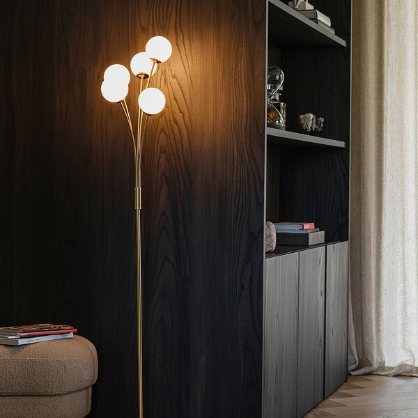 Lampa de podea moderna aurie cu sticla opala cu 5 lumini - Atena