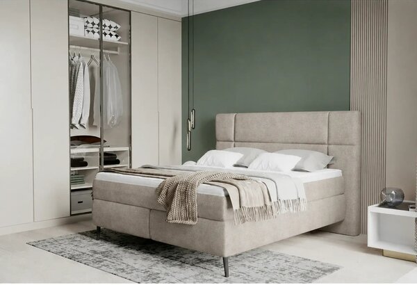 Pat tapitat boxspring LUCIO 180x200, stofa catifelata bej deschis - On