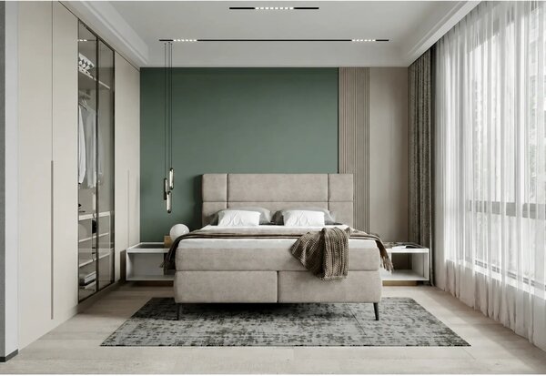 Pat tapitat boxspring LUCIO 180x200, stofa catifelata bej deschis - On