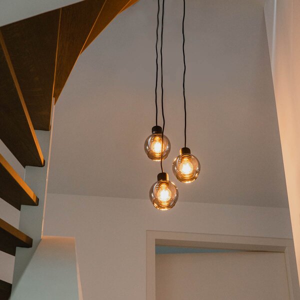 Lampă suspendată Art Deco neagră cu sticlă fumurie rotundă cu 3 lumini - Vidro