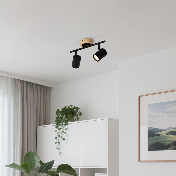 Spotlight modern negru cu lemn inclinabil cu 2 lumini - Jeana