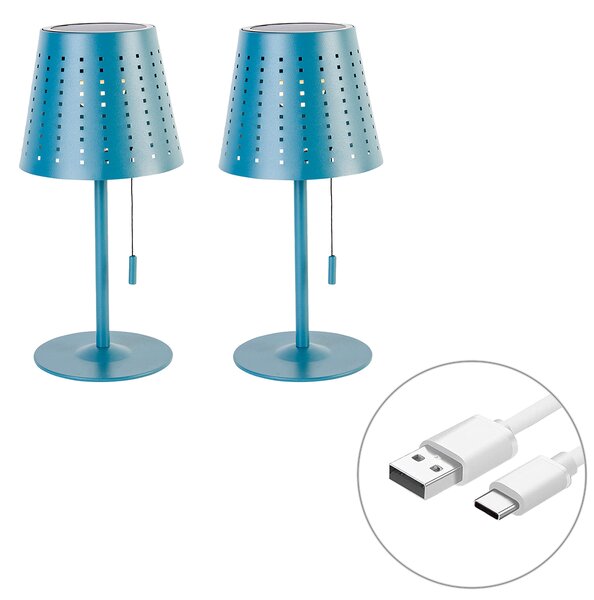 Set de 2 lămpi de masă albastre incluzând LED-uri reîncărcabile și solare cu dimmer cu 3 trepte - Ferre