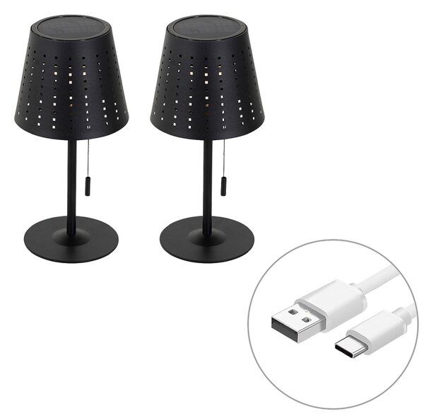 Set de 2 lămpi de masă negre cu LED inclus, reîncărcabile și solare, cu dimmer cu 3 trepte - Ferre
