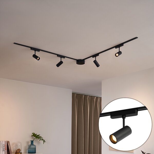 Sistem modern de iluminat pe șine cu 4 spoturi negre monofazate 200 cm - Magnetic Gert
