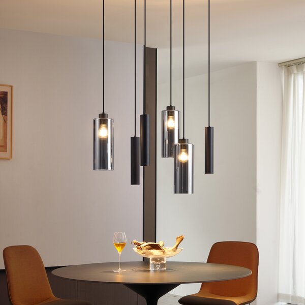 Lampă modernă pendant neagră cu sticlă fumuriu 6 lumini - Duplantis