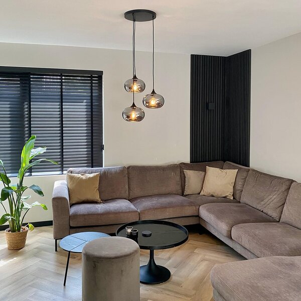 Lampă suspendată Art Deco neagră cu sticlă fumurie cu 3 lumini rotundă - Busa