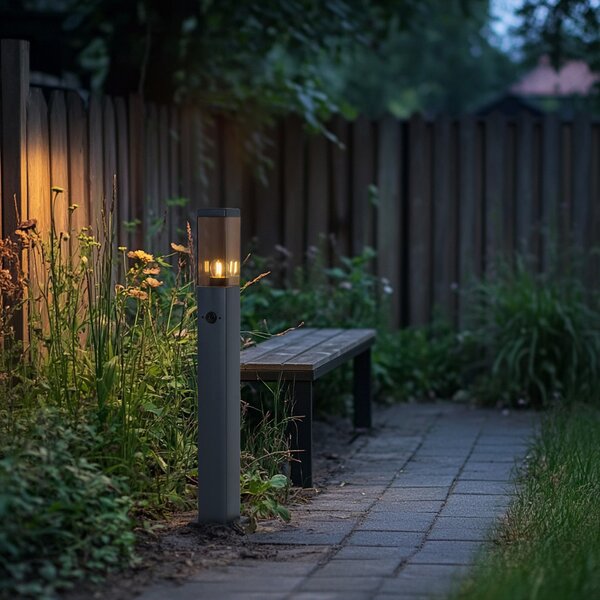 Lampă de exterior gri închis cu sticlă fumurie 80cm IP44 cu priză și senzor de mișcare - Malios