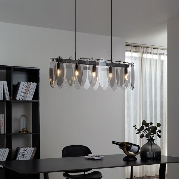 Lampă suspendată de design neagră cu sticlă fumurie ovală cu 5 lumini - Mochan