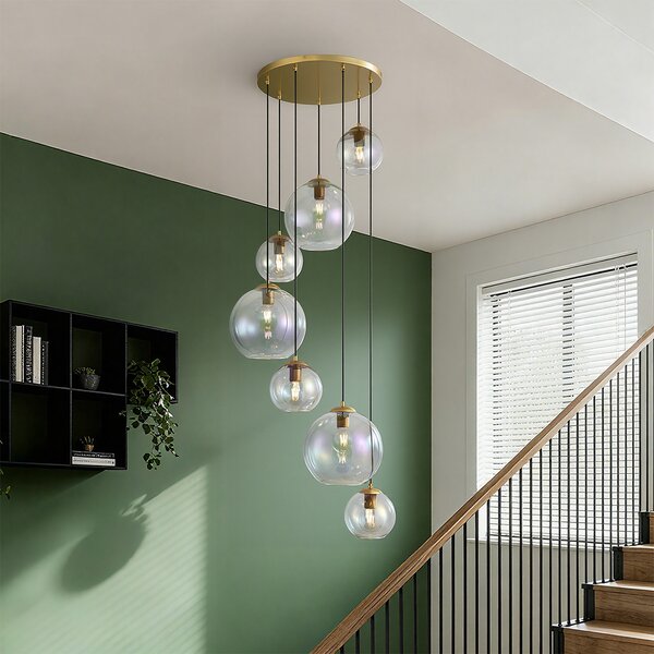 Lampă suspendată Art Deco aurie cu sticlă curcubeu cu 7 lumini - Sandra