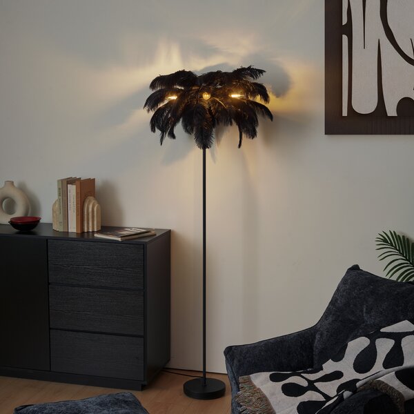 Lampă de podea Art Deco neagră cu pene negre - Peahen