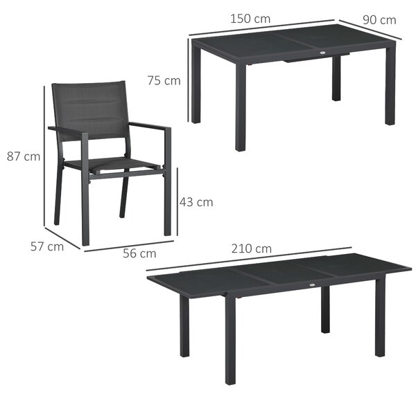 Outsunny Set de 7 Piese de Grădină din Aluminiu cu Masă Extensibilă și 6 Scaune cu Șezut din Plasă Respirabilă, 210x90x75 cm, Gri | Aosom Romania