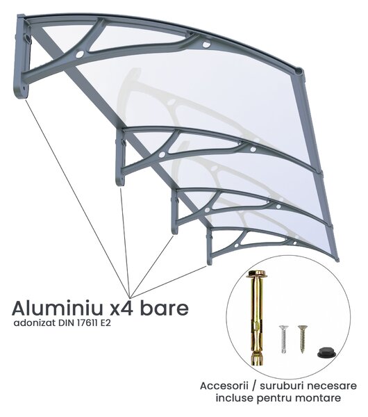 Copertină PRO 240x150 cm din aluminiu și plexiglas – Gri/Transparent