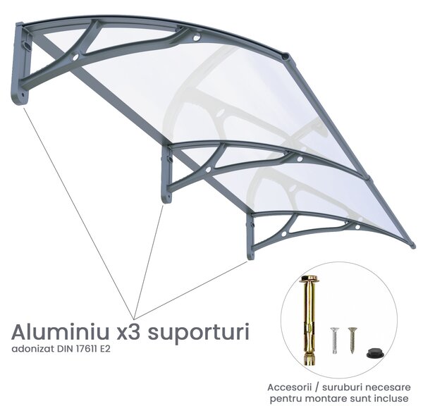 Copertină PRO 150x120 cm din aluminiu și plexiglas – Gri/Transparent