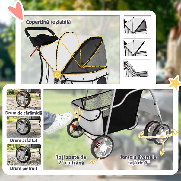 PawHut Cărucior pentru Câini de Talie Mică Pliabil, cu Roți Pivotante 360°, Coș de Depozitare, Pernă Lavabilă, Gri | Aosom Romania