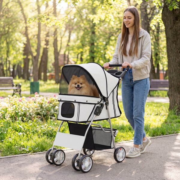 PawHut Cărucior pentru Câini de Talie Mică Pliabil, cu Roți Pivotante 360°, Coș de Depozitare, Pernă Lavabilă, Gri | Aosom Romania