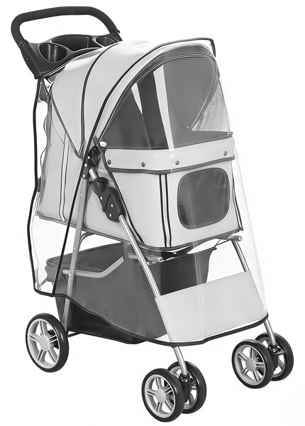 PawHut Cărucior pentru Câini Pliabil cu Husă de Ploaie, Roți Rotative și Pernuță Lavabilă, 77x44x102cm, Gri | Aosom Romania