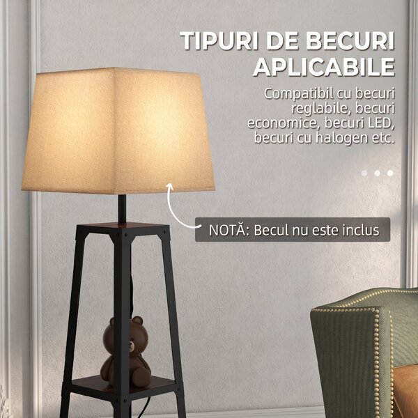 Lampa de Podea cu Rafturi, Inalta, Independenta, cu Abajur din Material Textil (Becul Nu Este Inclus), Nuc Maro si Bej, HOMCOM | Aosom Romania