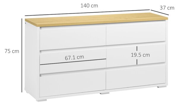 HOMCOM Comodă Depozitare, 6 Sertare, Mobilier Dormitor/Cameră de Zi, Alb/Lemn Natural | Aosom Romania