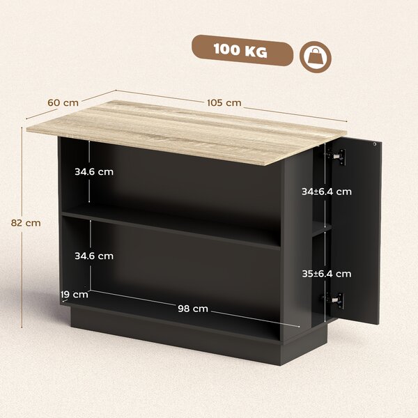 HOMCOM Insulă de Bucătărie cu Bar, Cărucior de Bucătărie cu 2 Compartimente Deschise și 2 Dulapuri, 105x60x82 cm, Negru | Aosom Romania