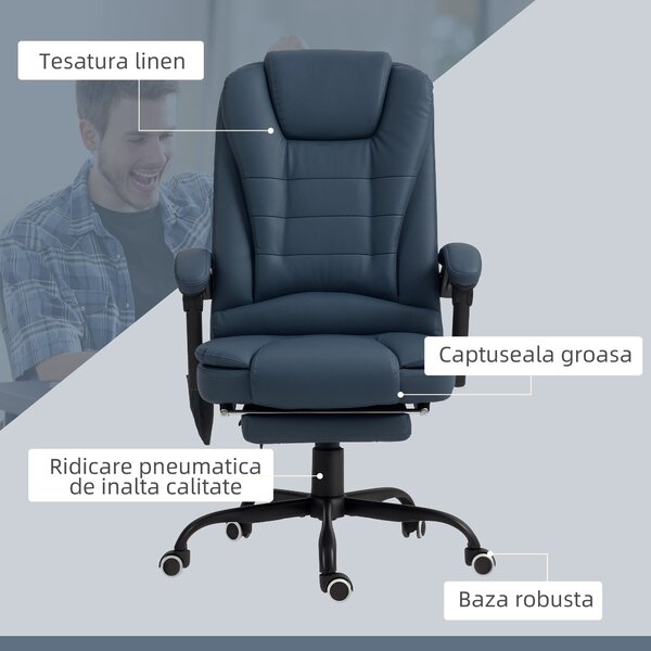 Vinsetto Scaun Birou Ergonomic Fotoliu de Birou Ergonomic cu 7 Puncte de Masaj Suport Picioare Reglabil 67x67x111-121 cm Albastru | Aosom Romania