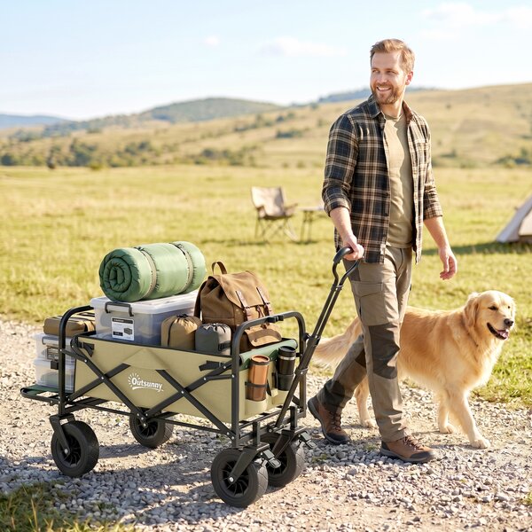 Outsunny Cărucior de Exterior Pliabil, Rezistent pentru Camping, cu Ușă în Spate Deschidere și Maner Telescopic | Aosom Romania