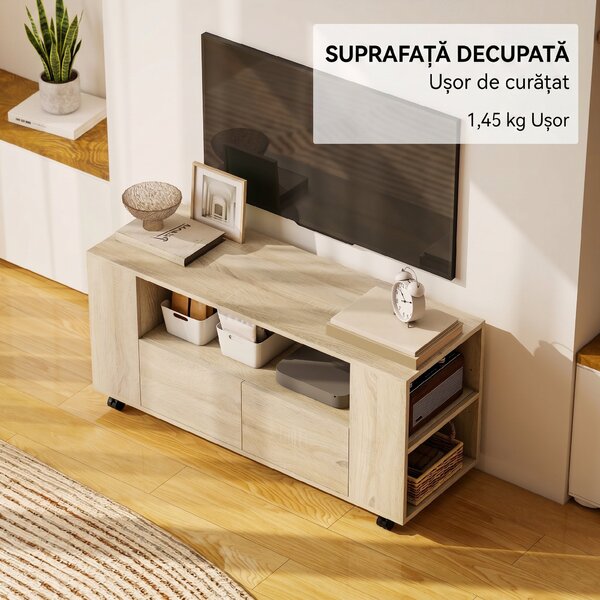 HOMCOM Suport pentru TV de 42" cu Roți Pivotante și Frână, Rafturi Ajustabile și Sertare, 102x34.5x48.5 cm, Lemn | Aosom Romania