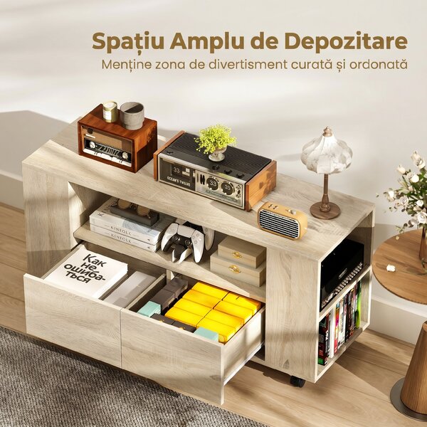 HOMCOM Suport pentru TV de 42" cu Roți Pivotante și Frână, Rafturi Ajustabile și Sertare, 102x34.5x48.5 cm, Lemn | Aosom Romania