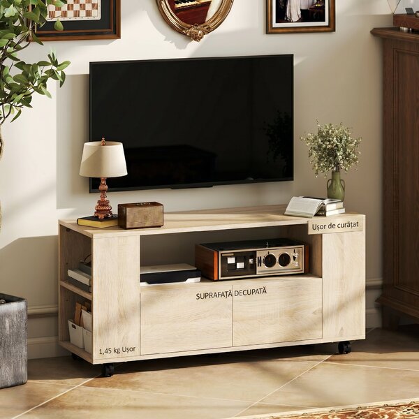HOMCOM Suport pentru TV de 42" cu Roți Pivotante și Frână, Rafturi Ajustabile și Sertare, 102x34.5x48.5 cm, Lemn | Aosom Romania