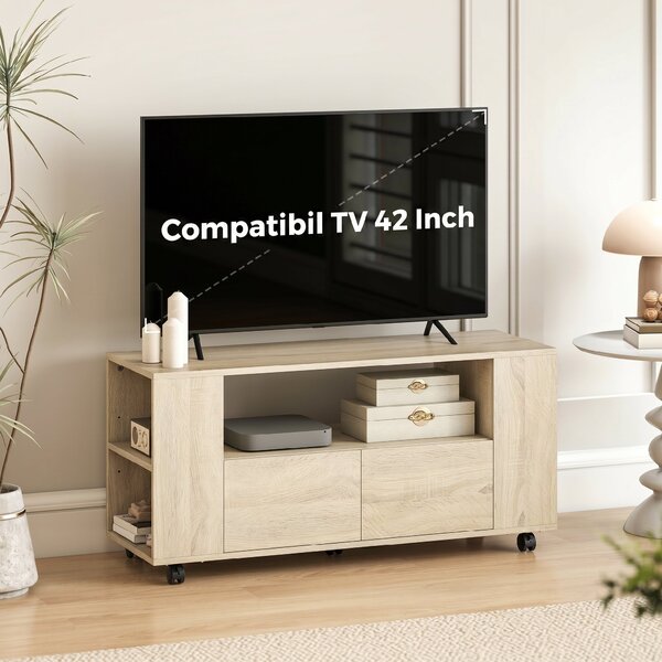 HOMCOM Suport pentru TV de 42" cu Roți Pivotante și Frână, Rafturi Ajustabile și Sertare, 102x34.5x48.5 cm, Lemn | Aosom Romania