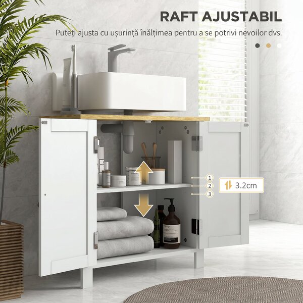 Kleankin Dulap Sub Lavoar pentru Baie, 2 Uși Raft Reglabil, PAL, MDF, 60 x 30 x 60 cm, Alb | Aosom Romania