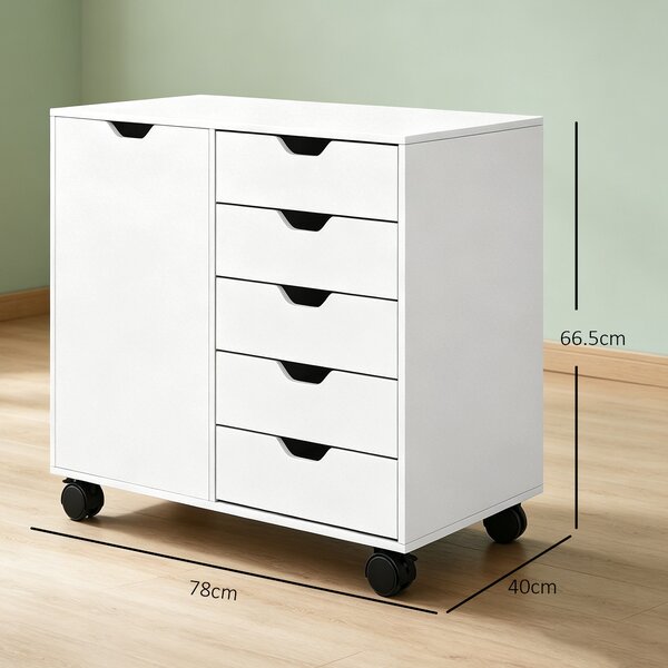 HOMCOM Dulap Lateral cu 5 Sertare, Dulap cu Raft Reglabil, Mobilier pentru Birou pe Roți, Suport pentru Imprimantă pentru Biroul de Acasă, Alb | Aosom Romania
