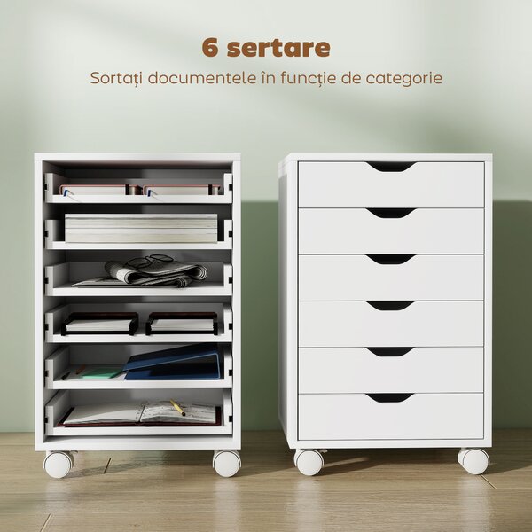 HOMCOM Sertar de Birou cu 6 Sertare Soft Close, 4 Roți, Sertar de Birou pentru Scrisori/Format A4, Dulap Vertical pentru Studio Imprimantă, 40x35x63 cm, Alb | Aosom Romania
