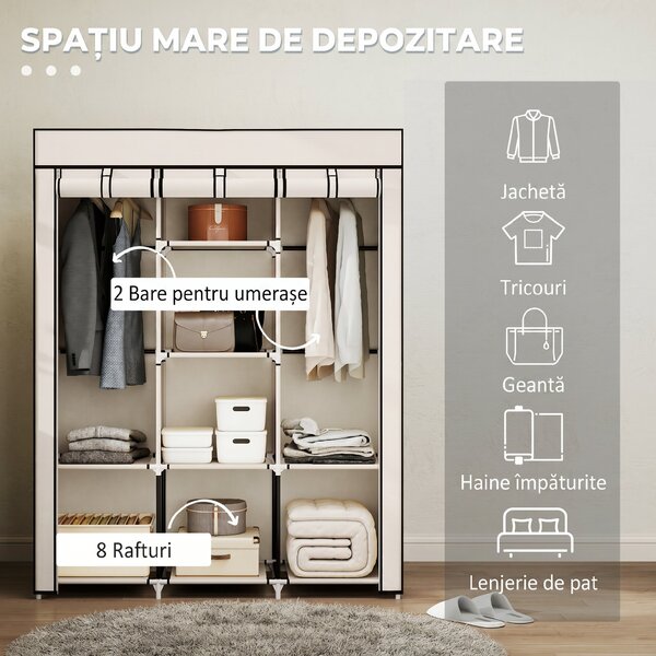 HOMCOM Dulap Textil cu 8 Rafturi și 2 Bare, Economisitor de Spațiu pentru Dormitor, 125x43x162,5 cm, Gri Deschis | Aosom Romania