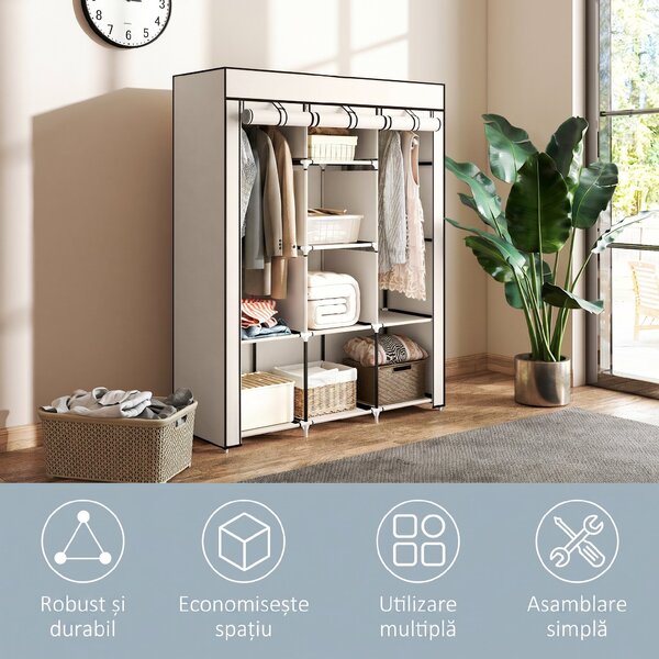 HOMCOM Dulap Textil cu 8 Rafturi și 2 Bare, Economisitor de Spațiu pentru Dormitor, 125x43x162,5 cm, Gri Deschis | Aosom Romania