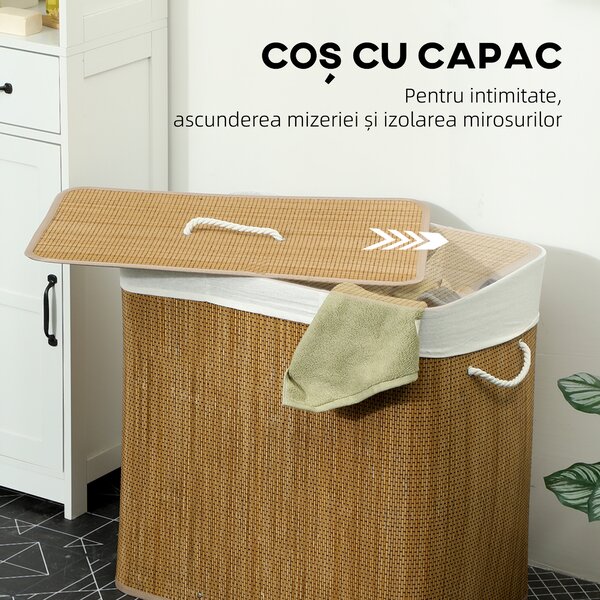 HOMCOM Coș pentru Rufe din Bambus cu Capac, 144L, 3 Compartimente, Sac Detașabil și Lavabil, Mânere, Maro | Aosom Romania