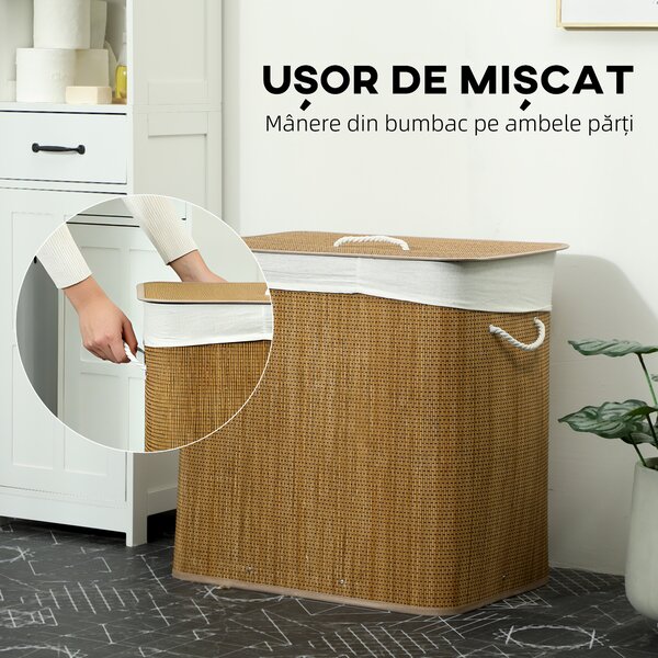 HOMCOM Coș pentru Rufe din Bambus cu Capac, 144L, 3 Compartimente, Sac Detașabil și Lavabil, Mânere, Maro | Aosom Romania