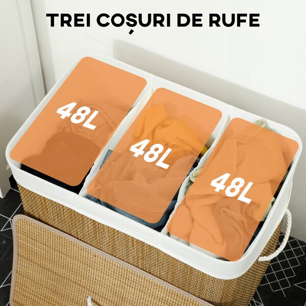 HOMCOM Coș pentru Rufe din Bambus cu Capac, 144L, 3 Compartimente, Sac Detașabil și Lavabil, Mânere, Maro | Aosom Romania