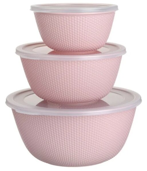 Set 3 Caserole Rotunde Cu Capac, Rezistente Pentru Cuptorul cu Microunde, Capacitate 500/1000/2000 ml, Roz