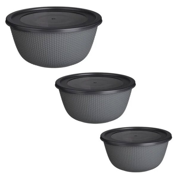 Set 3 Caserole Rotunde Cu Capac, Rezistente Pentru Cuptorul cu Microunde, Capacitate 500/1000/2000 ml, Gri