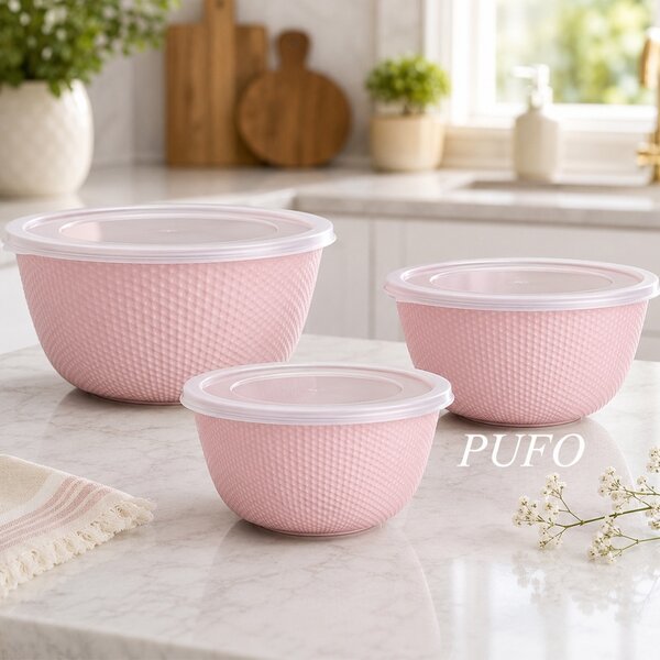 Set 3 Caserole Rotunde Cu Capac, Rezistente Pentru Cuptorul cu Microunde, Capacitate 500/1000/2000 ml, Roz
