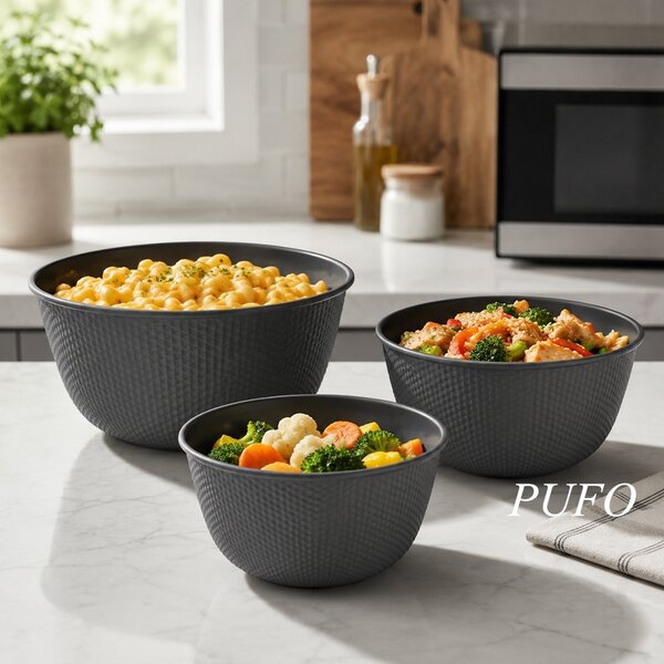 Set 3 Caserole Rotunde Cu Capac, Rezistente Pentru Cuptorul cu Microunde, Capacitate 500/1000/2000 ml, Gri