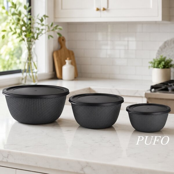 Set 3 Caserole Rotunde Cu Capac, Rezistente Pentru Cuptorul cu Microunde, Capacitate 500/1000/2000 ml, Gri