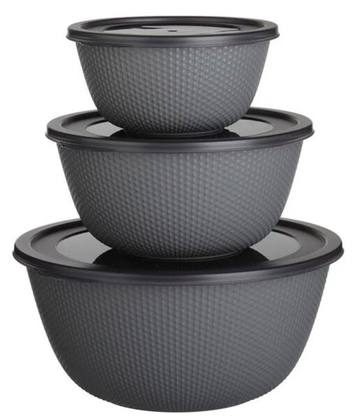 Set 3 Caserole Rotunde Cu Capac, Rezistente Pentru Cuptorul cu Microunde, Capacitate 500/1000/2000 ml, Gri