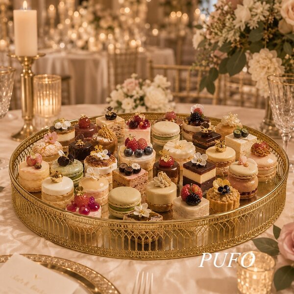 Tava eleganta Pufo Golden cu oglinda pentru servire prajituri, desert, aperitive si decor masa, 25 cm
