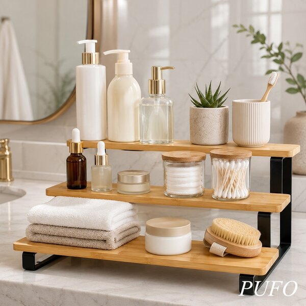 Suport condimente Pufo Bamboo din bambus, organizator pentru bucatarie, baie, birou, produse cosmetice, 3 nivele, 32 x 23 cm