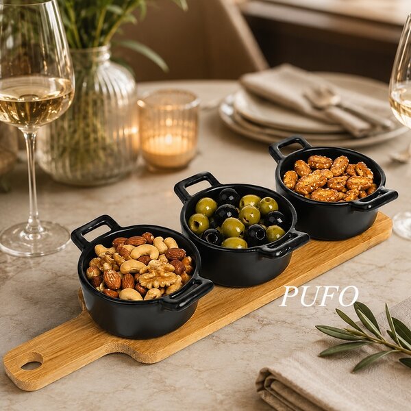 Set 3 boluri ceramice Pufo Simple cu suport din lemn pentru aperitive, gustari, fructe