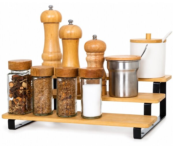 Suport condimente Pufo Bamboo din bambus, organizator pentru bucatarie, baie, birou, produse cosmetice, 3 nivele, 32 x 23 cm