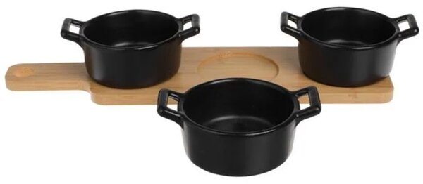 Set 3 boluri ceramice Pufo Simple cu suport din lemn pentru aperitive, gustari, fructe