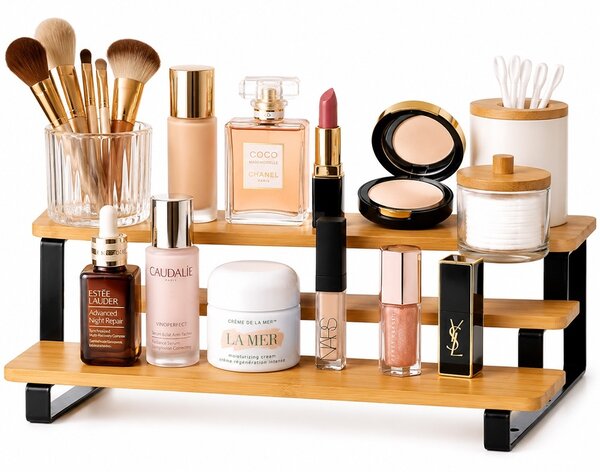 Suport condimente Pufo Bamboo din bambus, organizator pentru bucatarie, baie, birou, produse cosmetice, 3 nivele, 32 x 23 cm